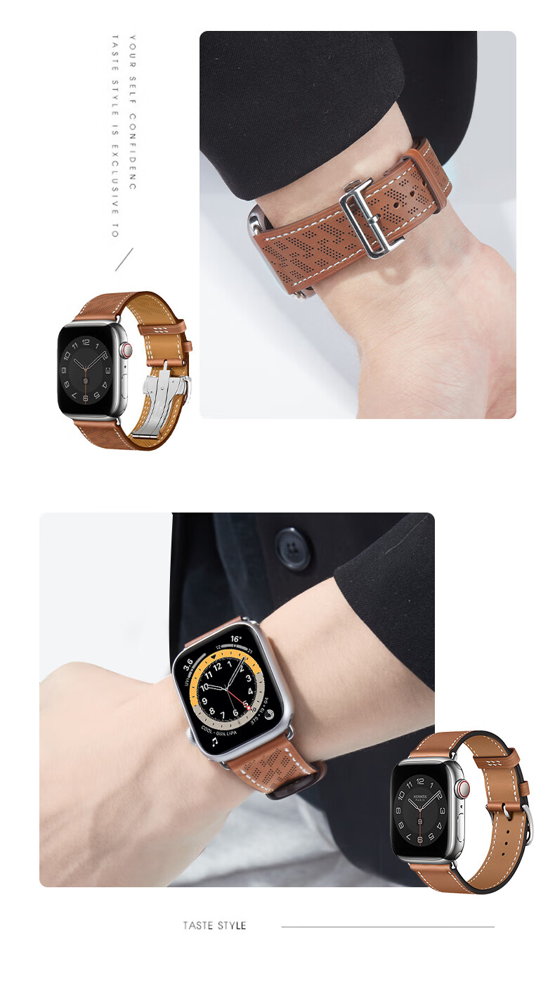 MSSM Compatible Apple Watch Band, Hermes Style IWatch S12 Genuine Leather Folding Buckle Strap, Ultra4/S11/10/Se3 Micro-Hole Light Brown, 44-49 17