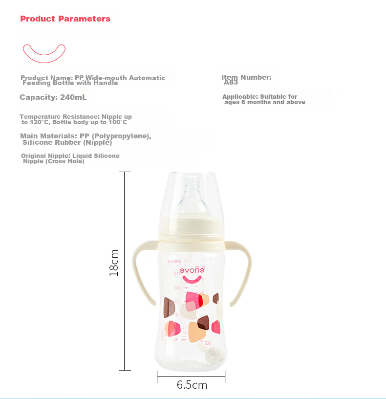 Evorie Wide-Mouth Straw Bottle with Handle, PP Material Baby Bottle 240ml (Random Color) 2