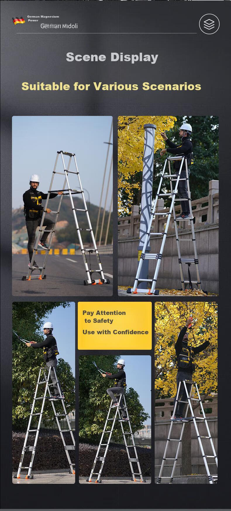 Midoli Telescopic Ladder, Household A-Frame Ladder, Aluminum Alloy Thickened Folding Ladder, Telescopic Engineering Ladder, A-Frame Ladder, 4.65 Meters 15