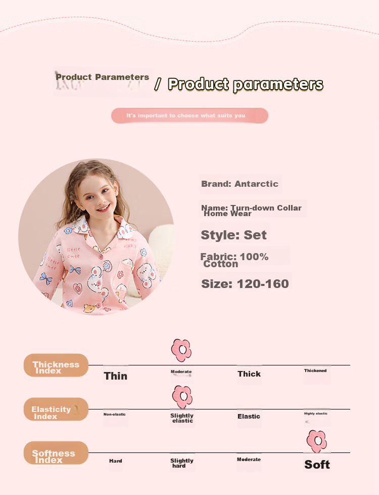 Nanjiren Children's Pajamas for Girls, Pure Cotton Sleepwear, Spring And Summer Home Wear Set for Little Girls, Pink Floral Pattern, Size 130 9
