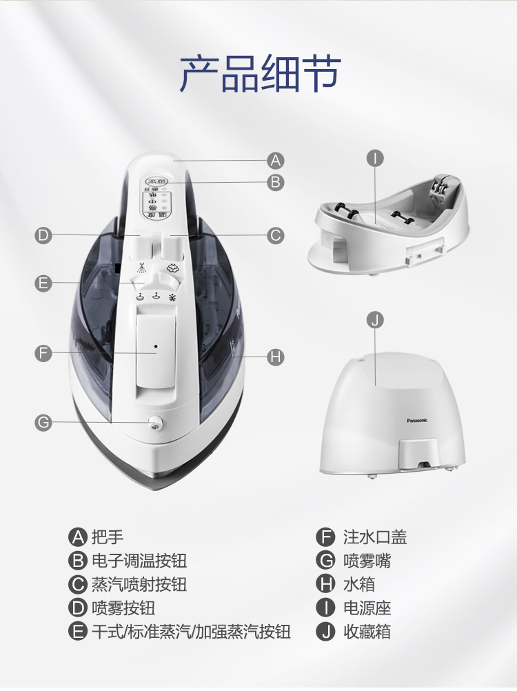  松下（Panasonic）电熨斗家用 手持无线挂烫机 电子恒温感应 自动断电 NI-WL65-H 白色