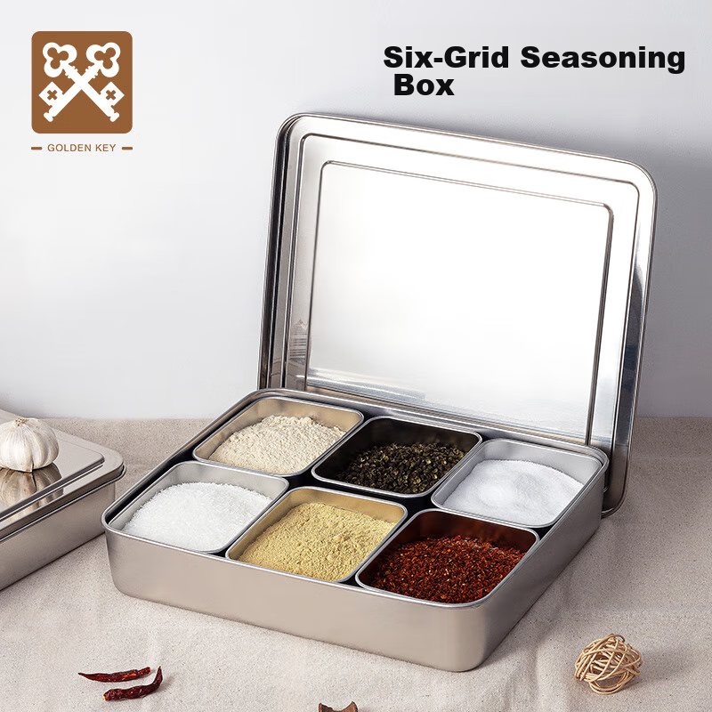 Jinyaoshi Stainless Steel Condiment Container, Commercial Square 6-Compartment with Lid Set, Storage Box, Multi-Compartment Kitchen Seasoning Jar, GK-WH600