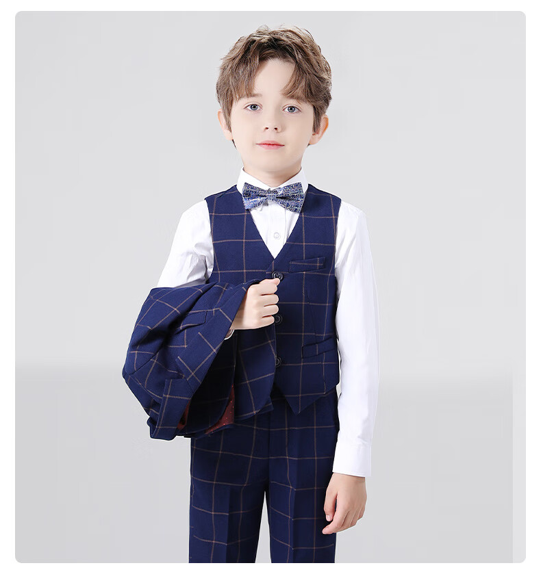 Romon Children's Suit Vest Set Boys Host Formal British Style Flower Boy Piano Performance Navy Plaid 130 14