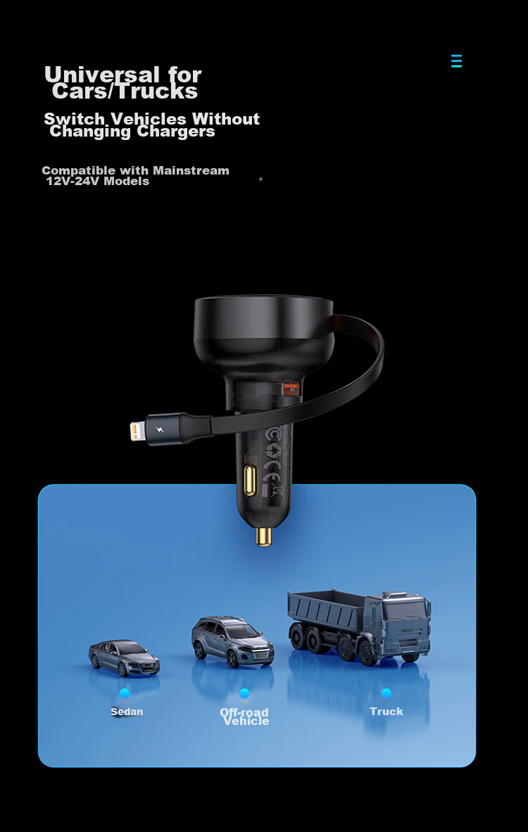 Baseus Car Charger Cigarette Lighter Three-In Super Fast Charging Adapter with Retractable Cable Compatible with Apple, Huawei, Xiaomi 17