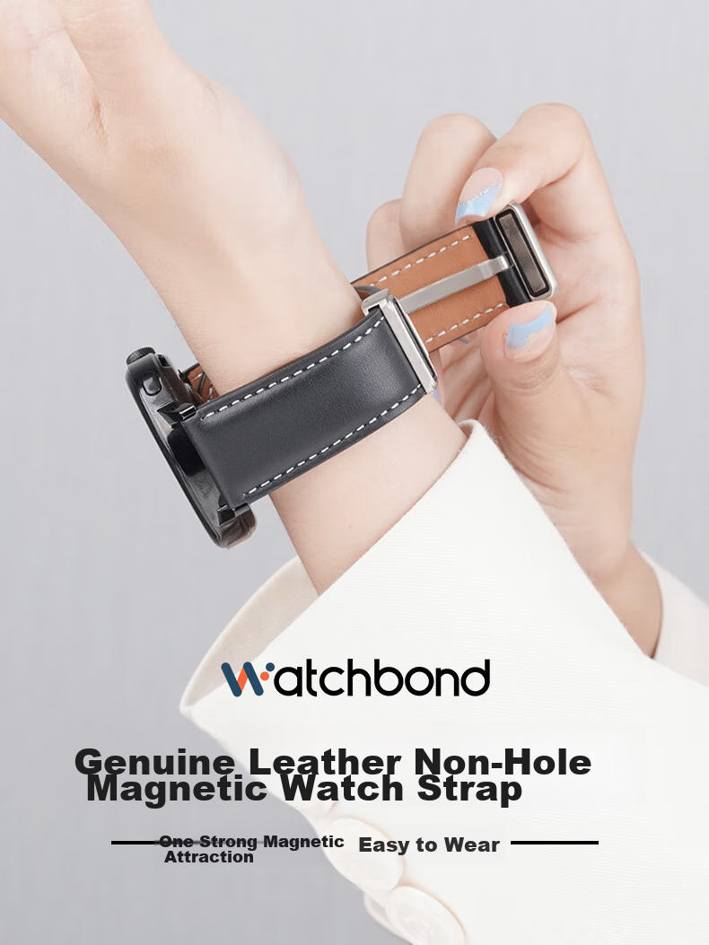 Watchbond Leather Watch Strap Compatible with Huawei Watch 5/GT6, GT6 Pro, GT5, GT4, 5 Pro, Runner 2, Magnetic Buckle, No Hole Folding Clasp, Smart Sports 22mm Wristband 1