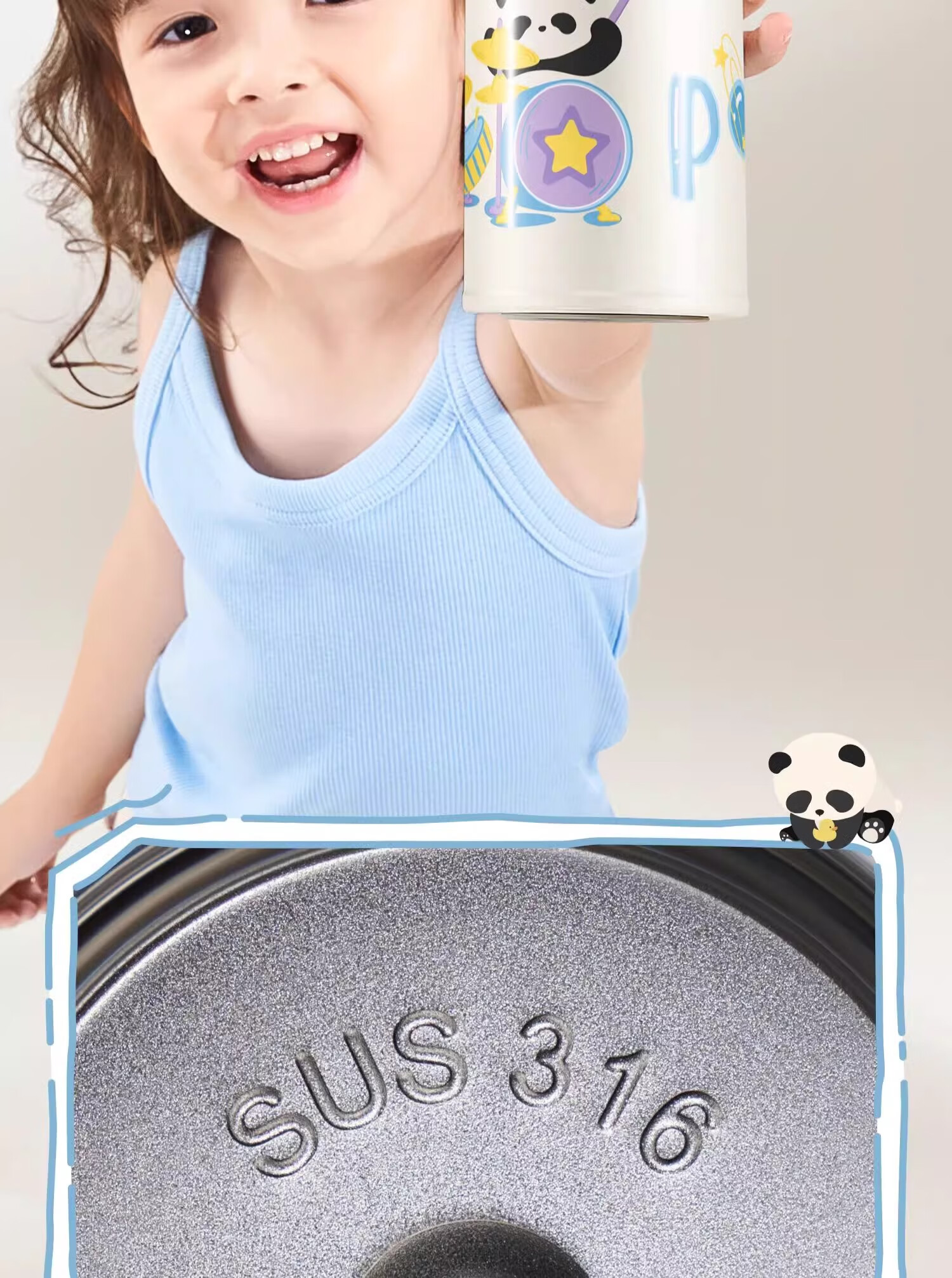 Scoornest Children's Insulated Cup with Straw, Direct Drinking Water Bottle, 316 Stainless Steel, for Primary School Students, Toddlers, Kindergarten Water Bottle - Panda Blue 14