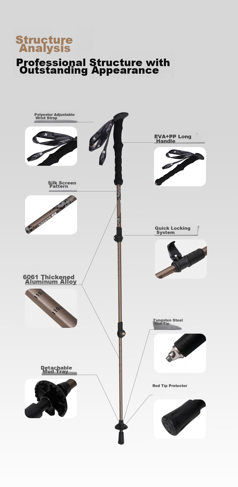 MOBIGARDEN Trekking Pole, Outdoor Camping Lightweight Three-Section Telescopic Aluminum Alloy Hiking Pole, NX23667002, Sand White 4