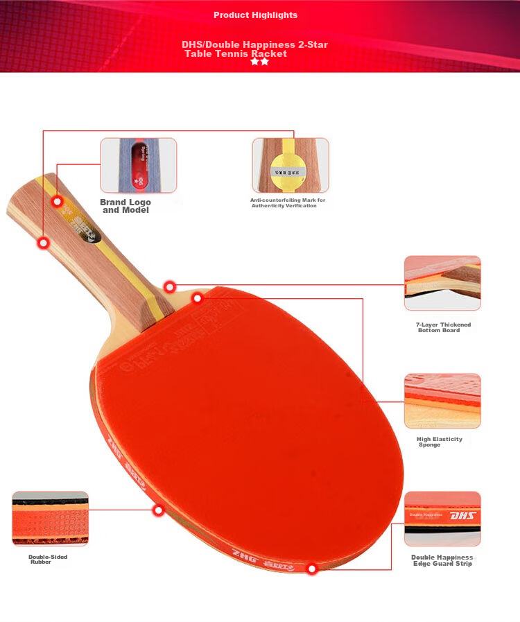 DHS Table Tennis Racket, Two-Star Straight Handle, Single Racket F2006, Includes Racket Case + Ping Pong Ball 5