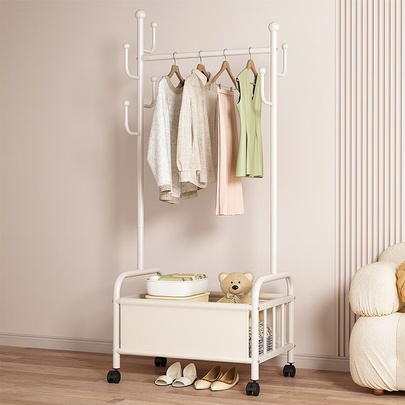 Milin Wheeled Coat Rack, Movable Bedroom Floor-Standing Modern Minimalist Home Storage Basket Coat Hanger, White Basket 60cm