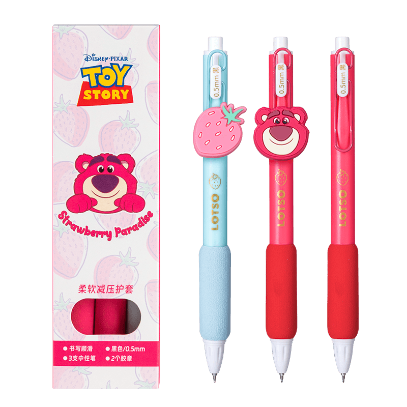 Disney Stationery Retractable Gel Pen, Stylish Student Exam Writing Pen, 0.5mm Black Quick-Drying Signature Pen, Water-Based Pen, 3-Piece Set, Strawberry Bear Desig