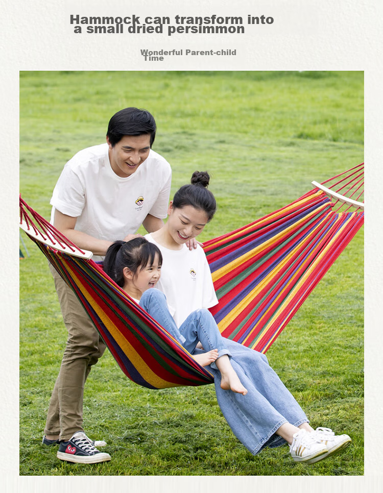 Yonglebao Single-Person Crescent-Shaped Anti-Rollover Hammock, Outdoor Camping Thickened Wide Canvas Hammock with Bent Wood Frame, Rainbow Color, 2-Piece Set 2