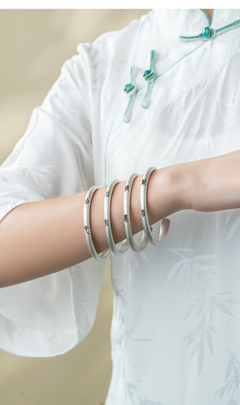 mam原创设计银手镯女上上签时尚简约999银镯子古法实心开口手镯送女友