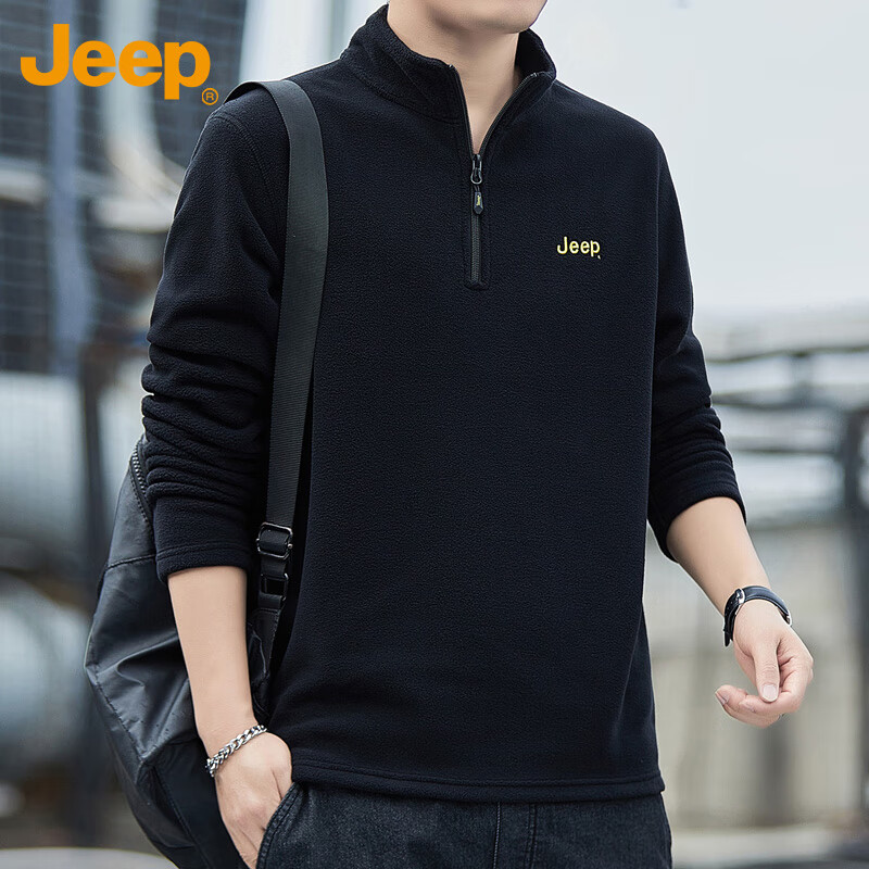 JEEP Men's Sweatshirt, Loose-Fitting Long-Sleeve T-Shirt for Autumn And Winter, Fleece-Lined Thick Casual Clothing for Men, Black, Size M
