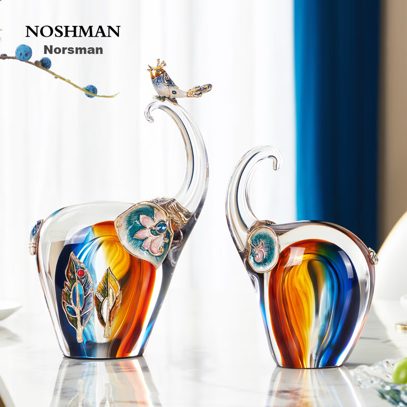 Nuoshiman High-End Enamel Colorful Elephant Figurines, Pair of Decorative Ornaments for Living Room, Entryway, TV Cabinet, Wedding And Housewarming Gifts