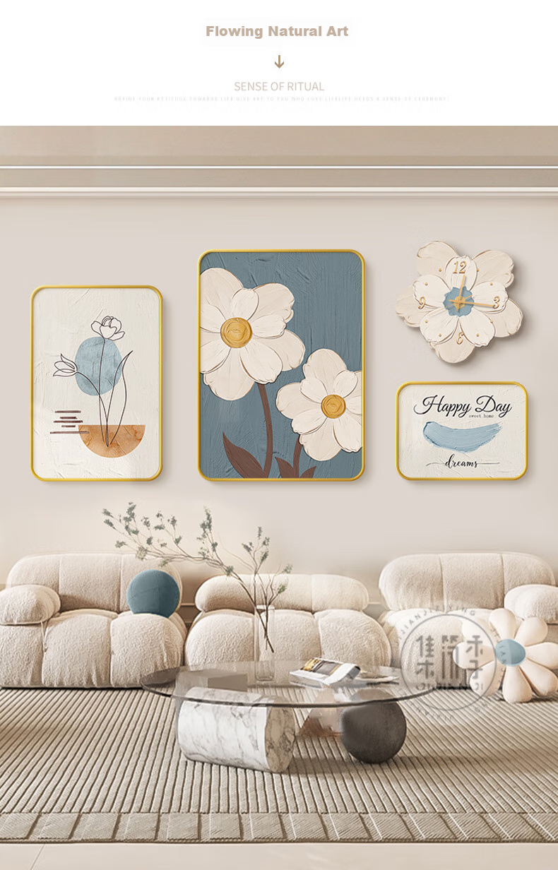 JIJUANJI Cream-Style Living Room Decorative Painting, Modern Minimalist Sofa Background Wall Hanging, High-End Creative Combination Mural 5