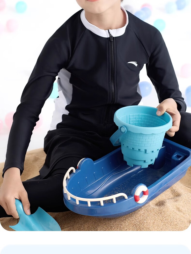 ANTA Children's Two-Piece Swimsuit, 2024 Summer New Style, Boys' Swimwear, Square-Leg Swim Trunks, Long-Sleeve Hot Spring Bathing Suit, Blue, Size 130 10