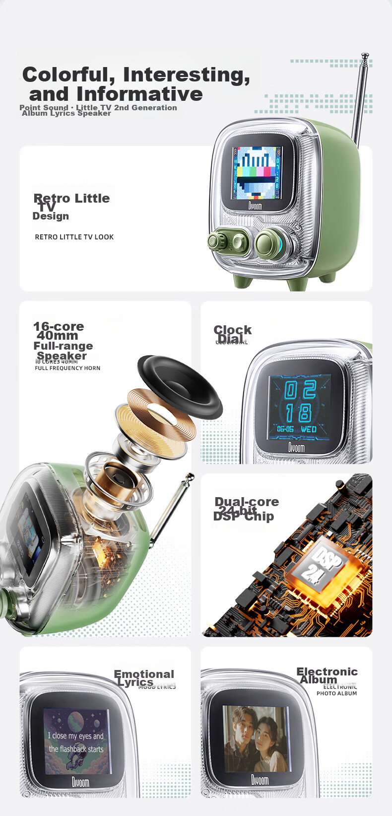 Divoom Bluetooth Speaker with Lyrics Album, Retro Mini TV, Desktop Electronic Photo Frame, Portable Mini Sound System, Bedside Sleep Aid, White Noise Alarm Clock, Radio, Multifunctional Gift 2