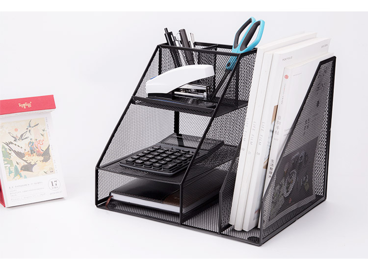 GuangBo 3c Digital All-Net Low Price Metal Mesh Multifunctional File Organizer/file Basket with Pen Holder Storage Rack Office Supplies Black WZ9316 7