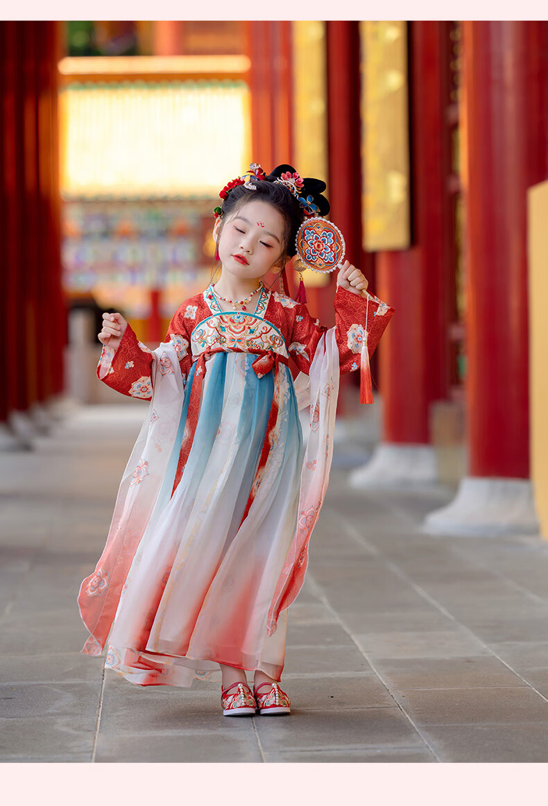 Menghu Yaoguang Hanfu Girls' Traditional Chinese Style Spring and Autumn New Children's Ruqun Dress Red 120cm 13