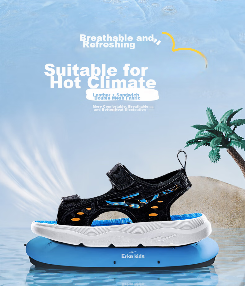ERKE Children's Shoes, Boys' Sandals, Kids' Double-Layer Velcro Open-Toe Outdoor Sandals, Black/beach Blue, Size 34 6