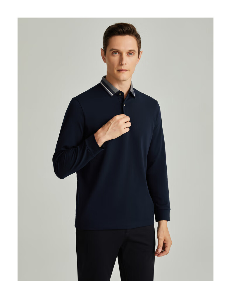 Shachi (SATCHI) Brushed Light-Absorbing Heat-Generating Constant Temperature Color-Block Lapel Business Men's Long-Sleeve T-Shirt Polo Shirt Men's Clothing Autumn Winter Dark Blue Size 46 12