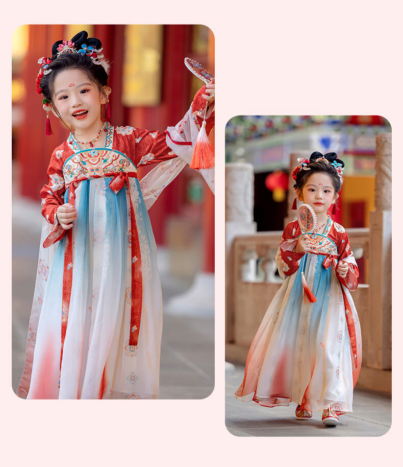 Menghu Yaoguang Hanfu Girls' Traditional Chinese Style Spring and Autumn New Children's Ruqun Dress Red 120cm 11