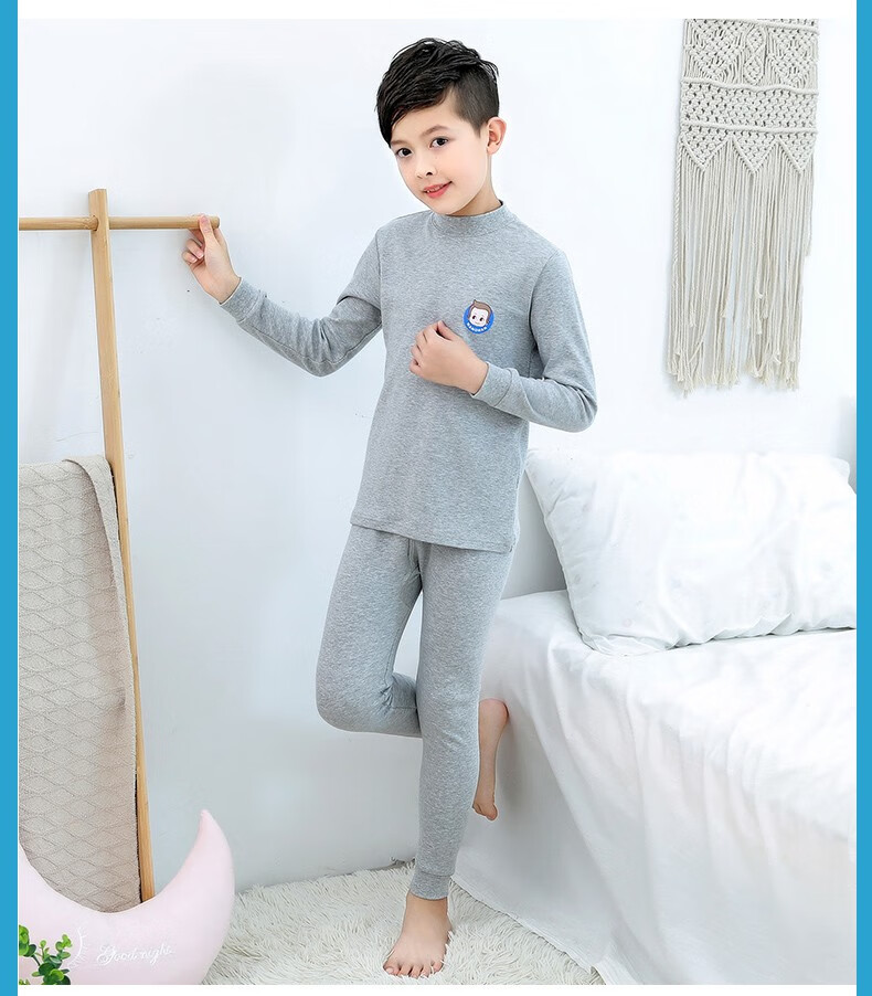 Hengyuanxiang Boys' Children's Underwear Set Youth Pure Cotton Mid-Neck Autumn Shirt and Pants Sleepwear for Boys and Students 31