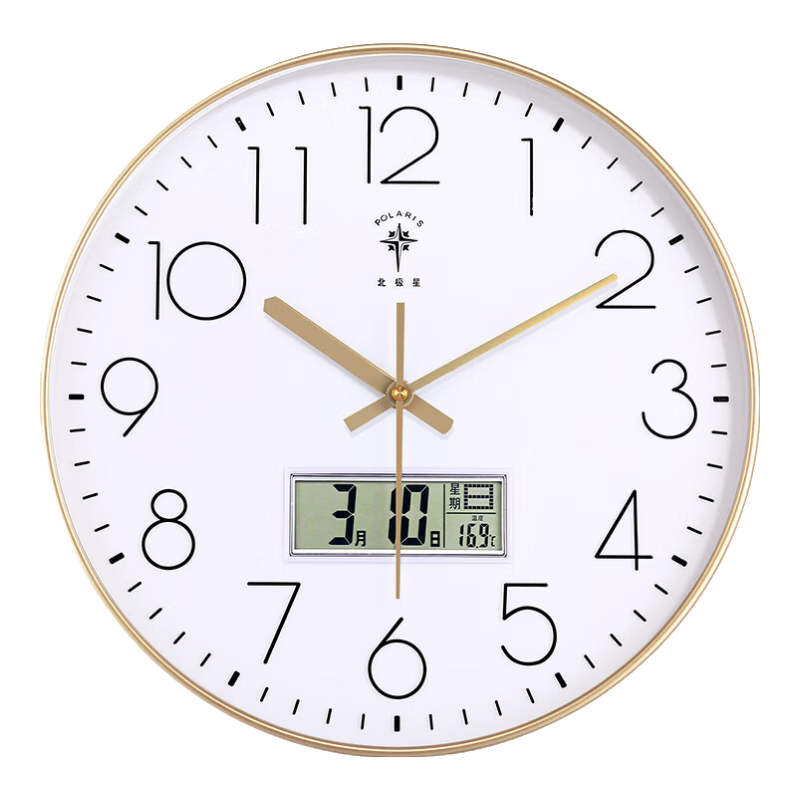 POLARIS Wall Clock, Living Room Clock, Simple Home Perpetual Calendar Temperature Clock, 35cm Gold