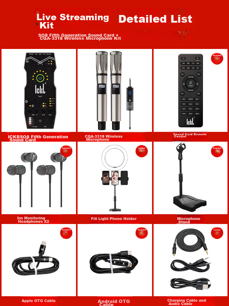 Ickb So8 Sixth Generation Sound Card CQA3317 Wireless Microphone Monitoring Headset Set, Mobile Phone Live Streaming Computer Universal Host Singing Karaoke Recording Live Broadcast Equipment Complete Set One-To 1