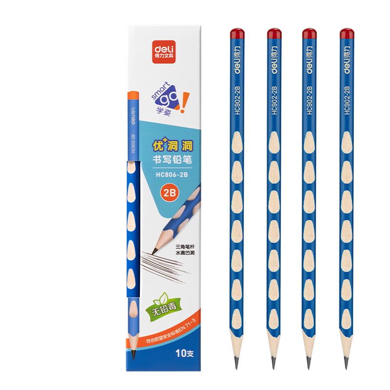 Deli Perforated Pencils, 10 Pieces, 2B Writing Pencils, Easy to Grip, Children's Posture Correction, Student Handwriting Practice Pencils (Blue), HC806-2B School Supplies for Students