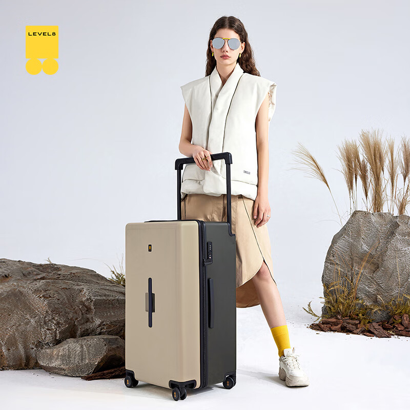 LEVEL8 Suitcase, Unisex 28-Inch Large Capacity Wide Handle Spinner Luggage for Travel, Mocha Contrasting Color