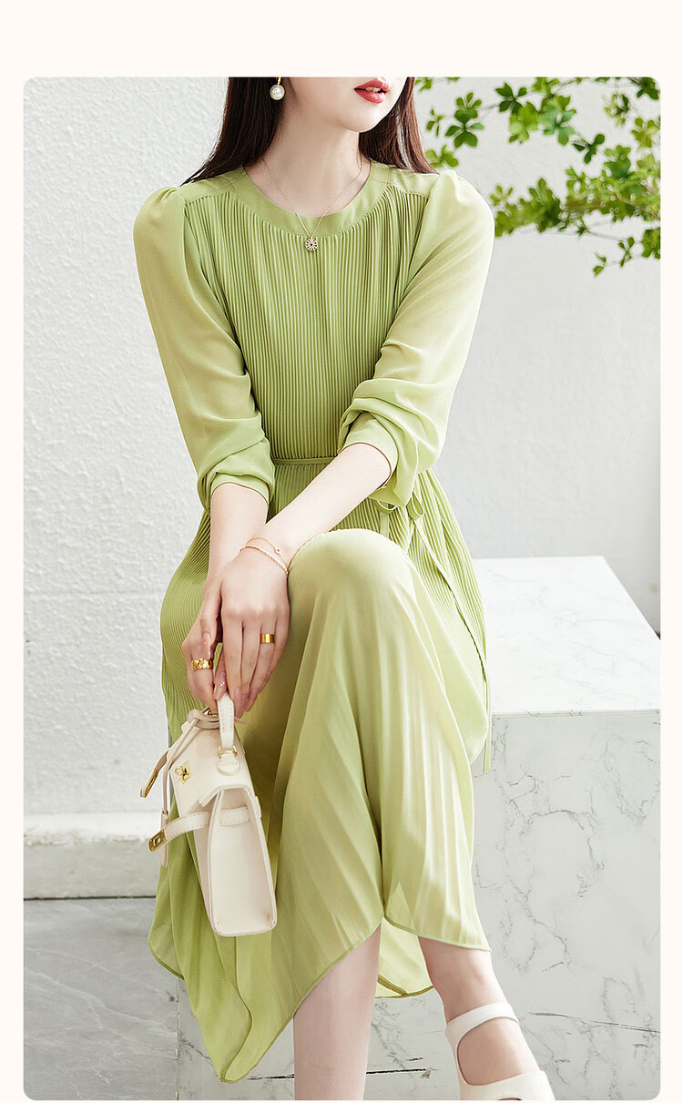 Dme [Waving Sleeve to Capture Fairy Dust] Spring And Autumn Round Neck Pleated Puff Sleeve Waist-Cinching Tie A-Line Dress for Women, Mid-Length Style 2