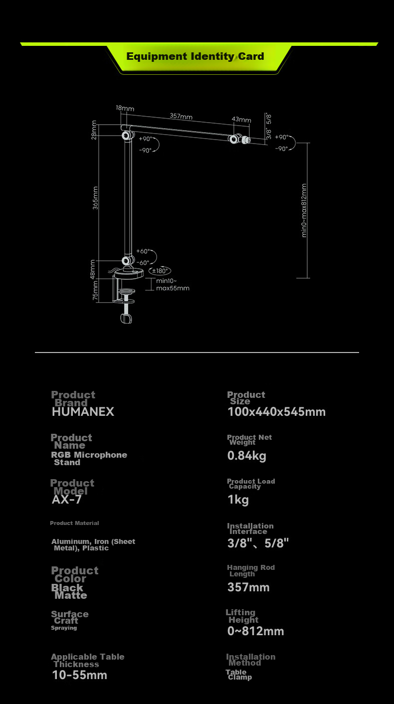 HUMANEX Microphone Stand, Suspended Arm Desktop Speaker Stand, Anchor Live Streaming, 3kg Load Capacity, Three-Section Folding Universal Live Streaming Microphone Stand, AX3G-B 8