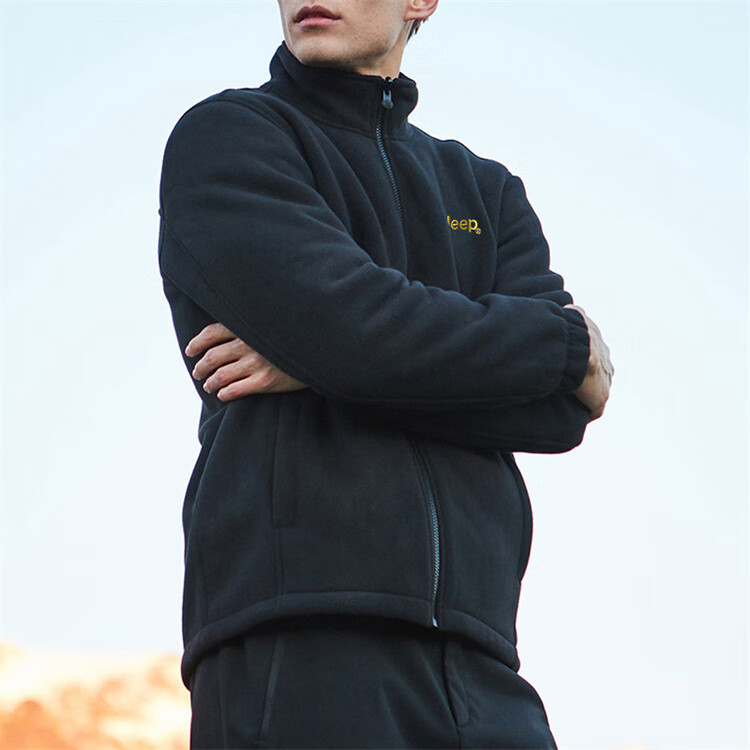 JEEP Men's Jacket, Trendy Simple Stand-Collar Fleece Jacket with Embroidery, Men's Fleece Coat 085, Black, M 10