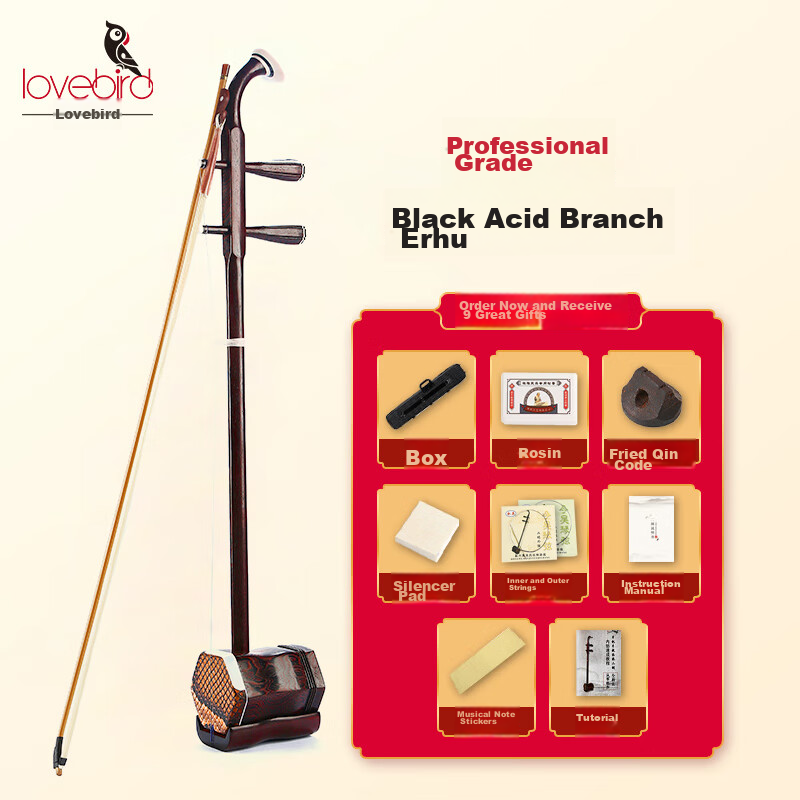 Xiangsiniao Black Acid Branch Erhu for Beginners' Practice, Handmade Python Skin Hexagonal Erhu, Ethnic Instrument with Rosin, Portable Hard Case