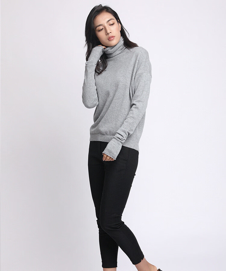 领套头高级感百搭韩版保暖随意堆领休闲毛衣纯色打底针织衫 浅灰色 90