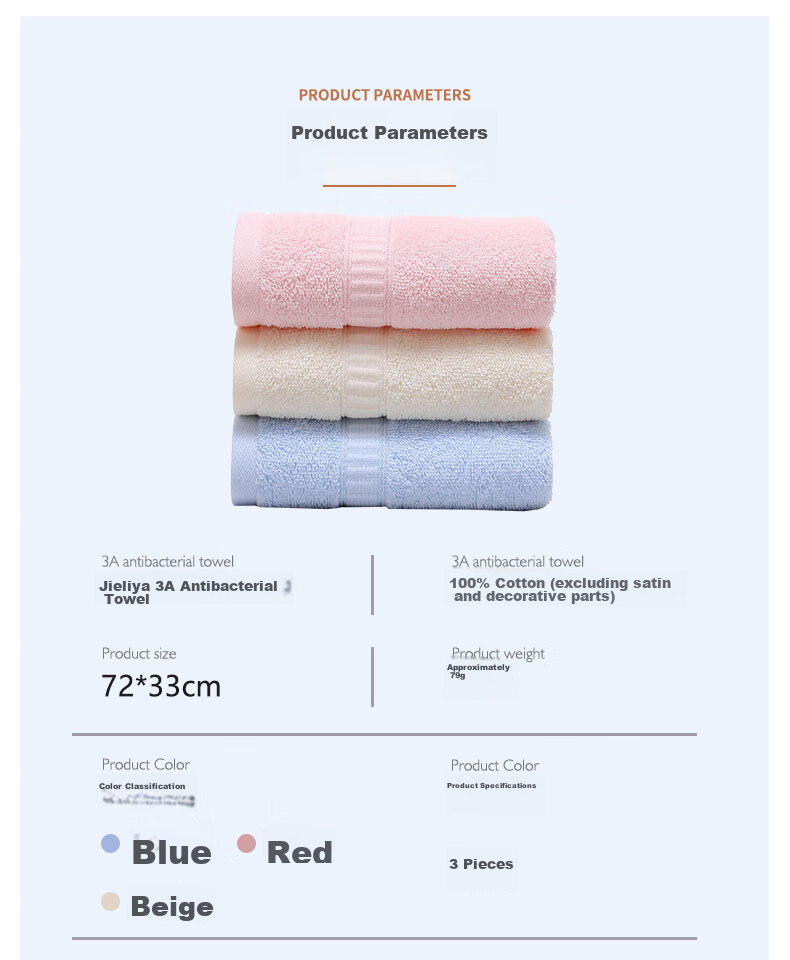 Grace Towel, 7A Antibacterial Class A Pure Cotton Highly Absorbent Men's And Women's Sports Face Towel, Blue/gray/beige, Pack of 3 11