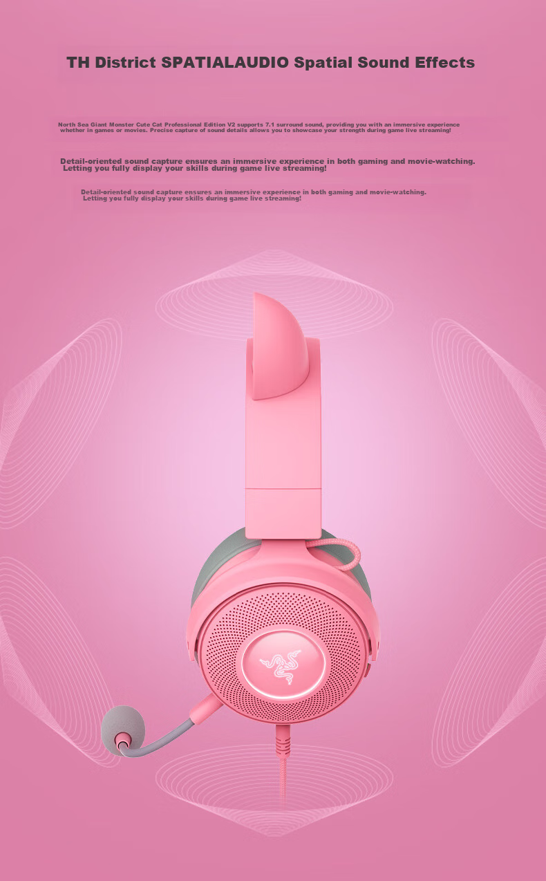 Razer Beihai Giant Monster Cute Cat Professional Edition V2 Wired Over-Ear Gaming Headset with Microphone, Popular Cat Ear Rabbit Ear Bear Ear RGB Lighting Effects PUBG Essential Pink 7