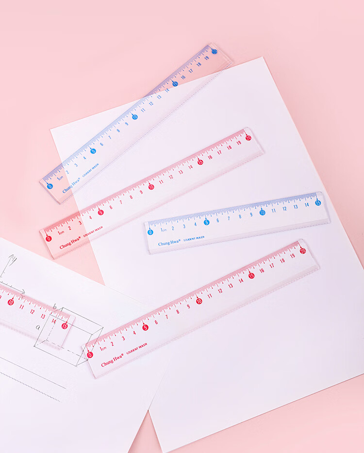 Zhonghua (Chung Hwa) Explosion-Proof, Wear-Resistant, High-Precision Plastic Straight Ruler, 20cm Multiple Sizes, Student Ruler for Drawing And Measurement, Scribing Ruler, Wave Straight Ruler, High Transparency Acrylic, RB0007 Pink 12