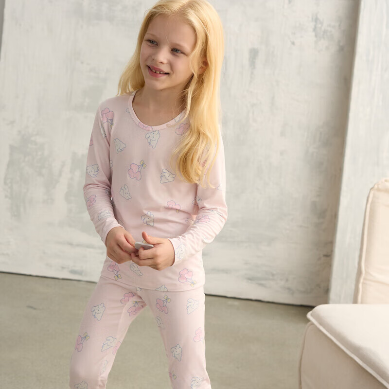 AIMER KIDS Girls' Thermal Underwear, Class A Modal Thin Warm Autumn Top And Bottom Underwear Set, Little Rabbit Design, Size 120