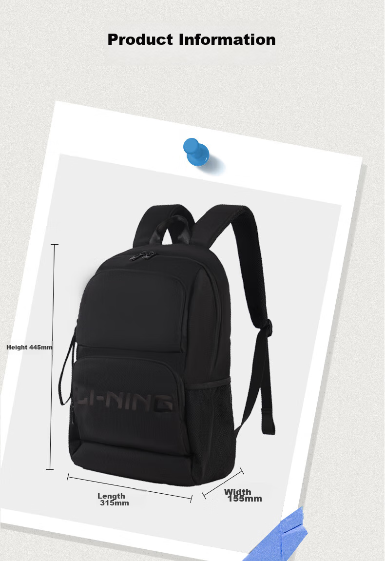 Li-Ning Backpack for Women, School Bag for College And High School Students, Outdoor Hiking Backpack for Men, Large Capacity Travel Bag, Black 20