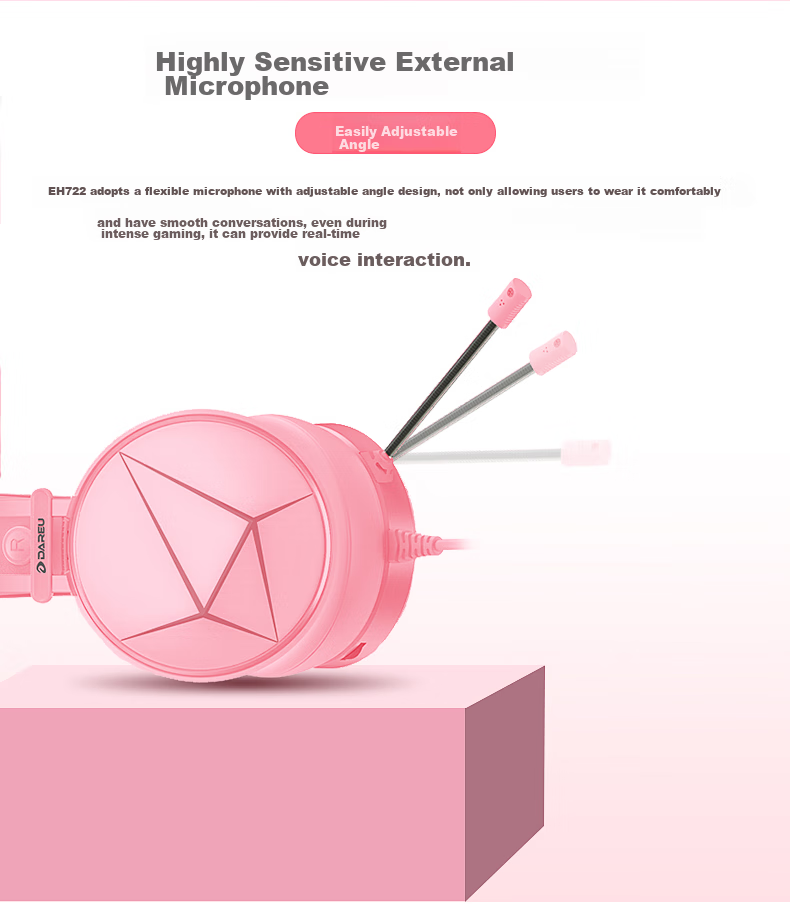 DAREU EH722RGB Edition Gaming E-Sports Noise-Cancelling Headset Wired Over-Ear with Microphone for PC 7.1 Channel Sound Positioning for PUBG And Other Games Pink And White 2