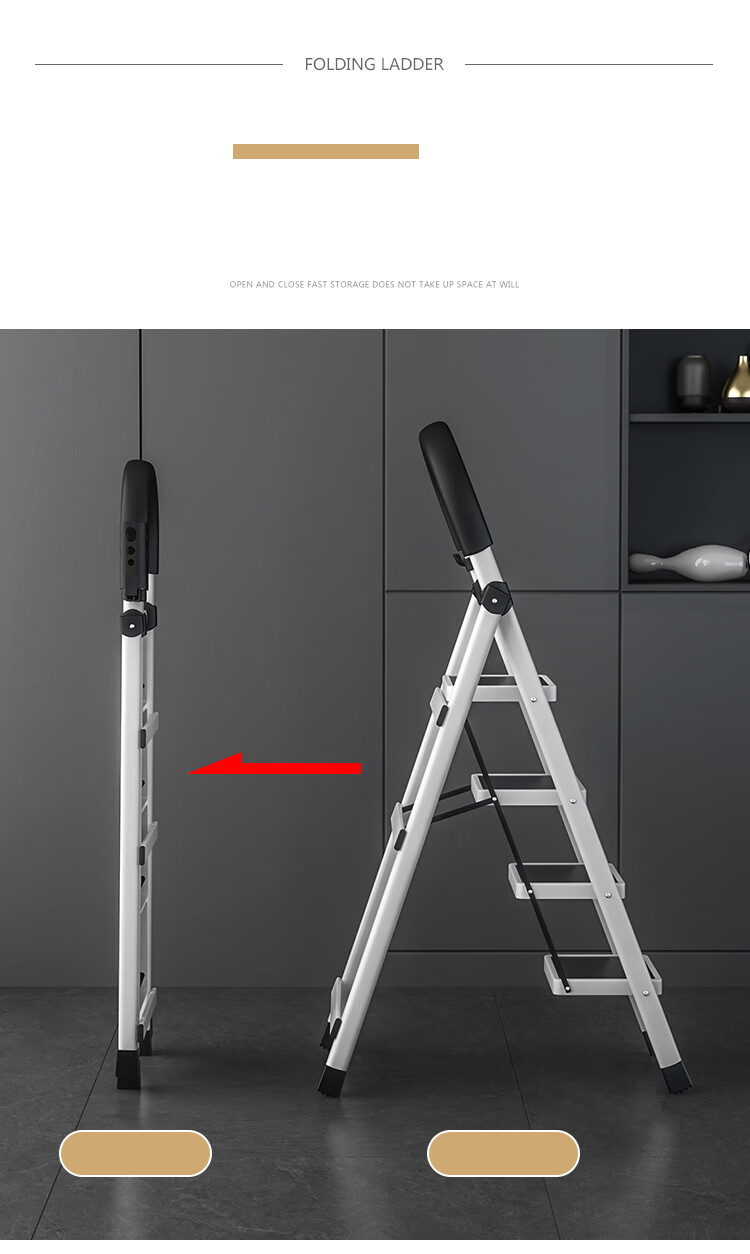 Huakaizhixing Folding Ladder, Household A-Frame Ladder, Multi-Functional Pipe Wall Thickened Carbon Steel Indoor Small Ladder, TZ62 White Five Steps 6