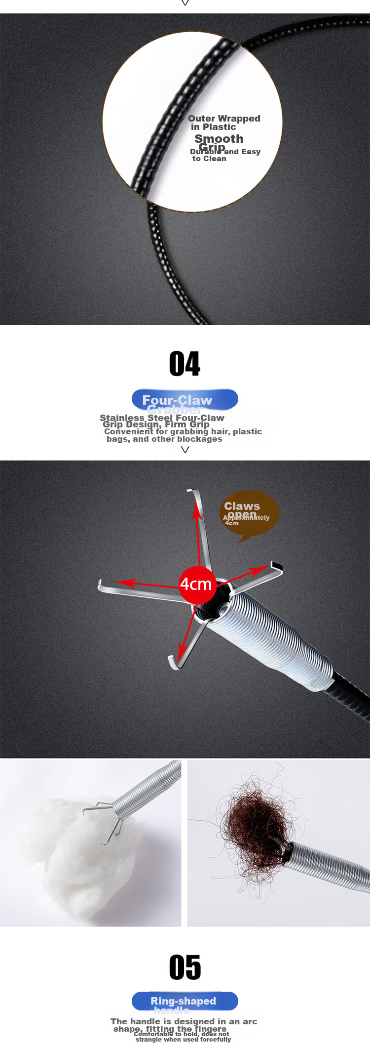 JUQI Select Kitchen Drain Cleaner Professional Pipe Cleaning Tool Toilet Clog Remover Four-Claw Grab Hook 1.6 Meters 3