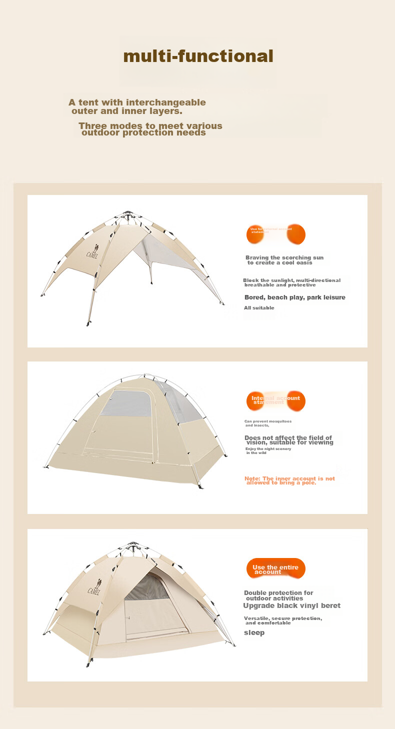 CAMEL Outdoor Tent, Portable Silver-Coated, Automatic Quick-Open, Sun Protection, Rain Protection, Camping Equipment, A1S3NA111-2, Sand Gold 8