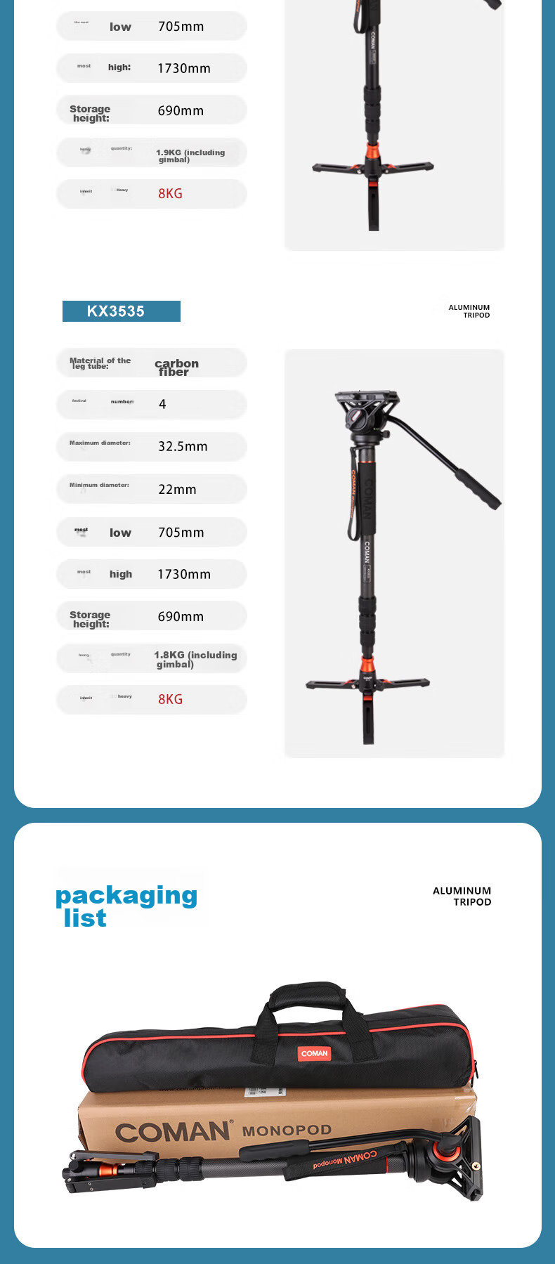 COMAN Carbon Fiber Tripod for DSLR Cameras, Professional Camera Tripod with Hydraulic Damping Ball Head, Photography Tripod KX3535 14