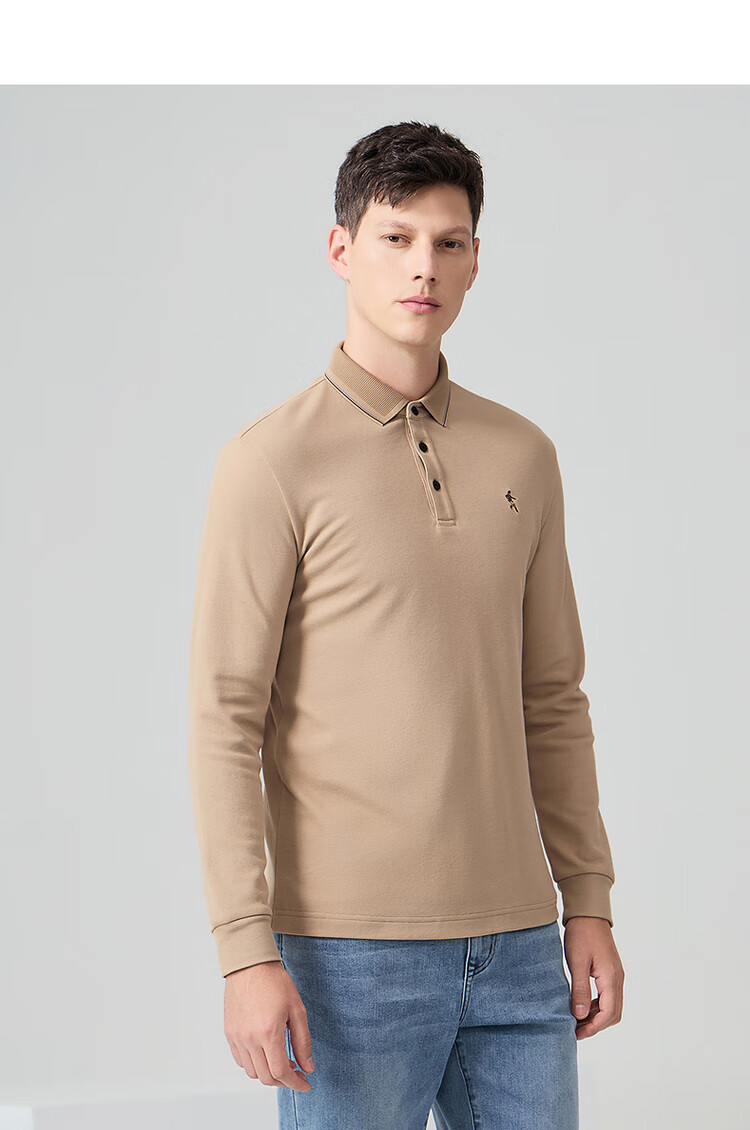 DANCING WOLVES [Shubanmian] Autumn And Winter Business Commute Men's Embroidered Long-Sleeve Polo Shirt, 701 Khaki, Size 170 4