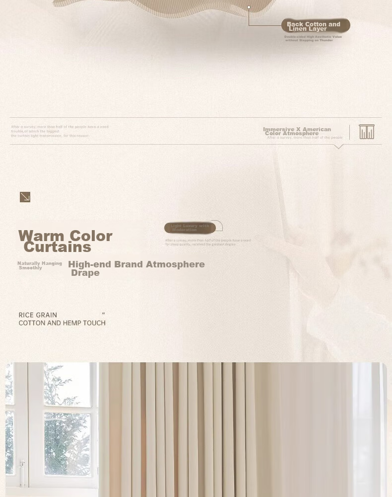 Ali Cotton Linen Cream-Colored Curtains, Japanese Style for Living Room And Bedroom, High Light-Blocking, Heat-Insulating, Sun-Protective, with Hooks, Width 2.0 Meters * Height 2.2 Meters 6