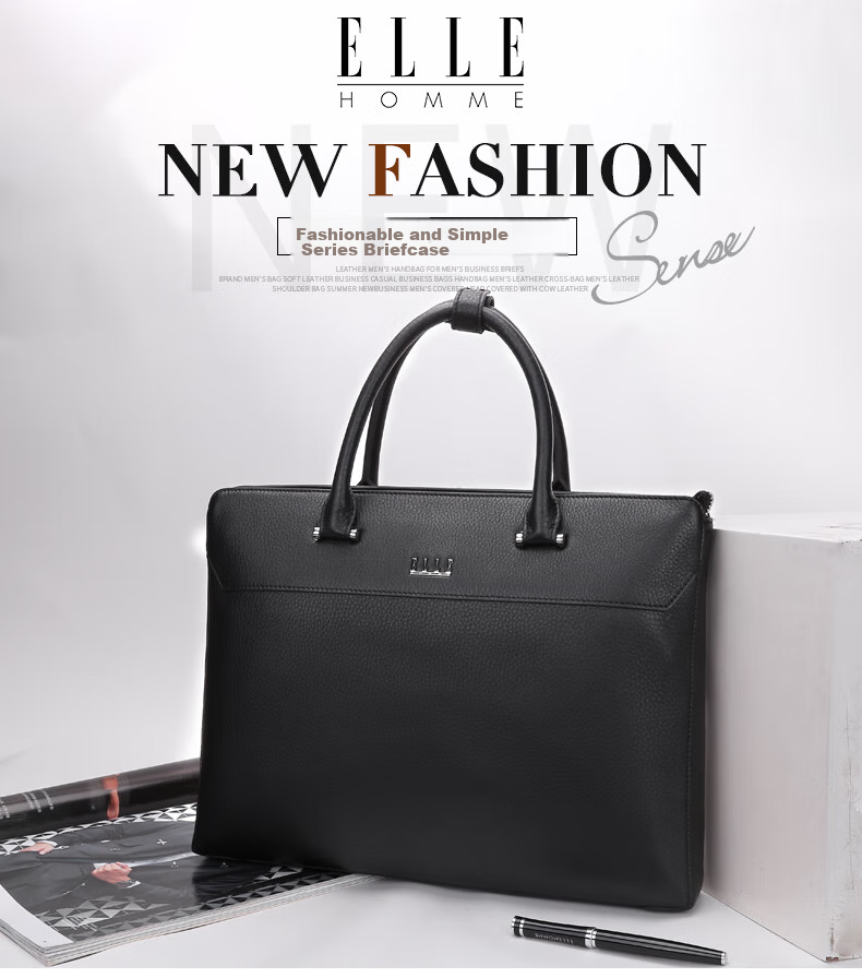 ELLE HOMME Men's Business Briefcase, Handheld Work Bag Horizontal Style Top Layer Cowhide Laptop Bag Large Capacity Fashionable Men's Bag EA888200411 Black 4