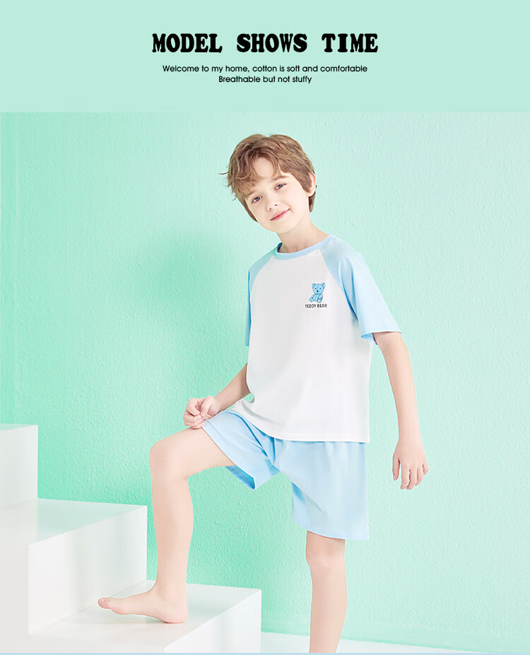 LangSha Children's Pajamas for Boys, Summer Thin Breathable Pure Cotton Home Wear, Middle School Student Raglan Sleeve Short-Sleeve Set, Size 160 12